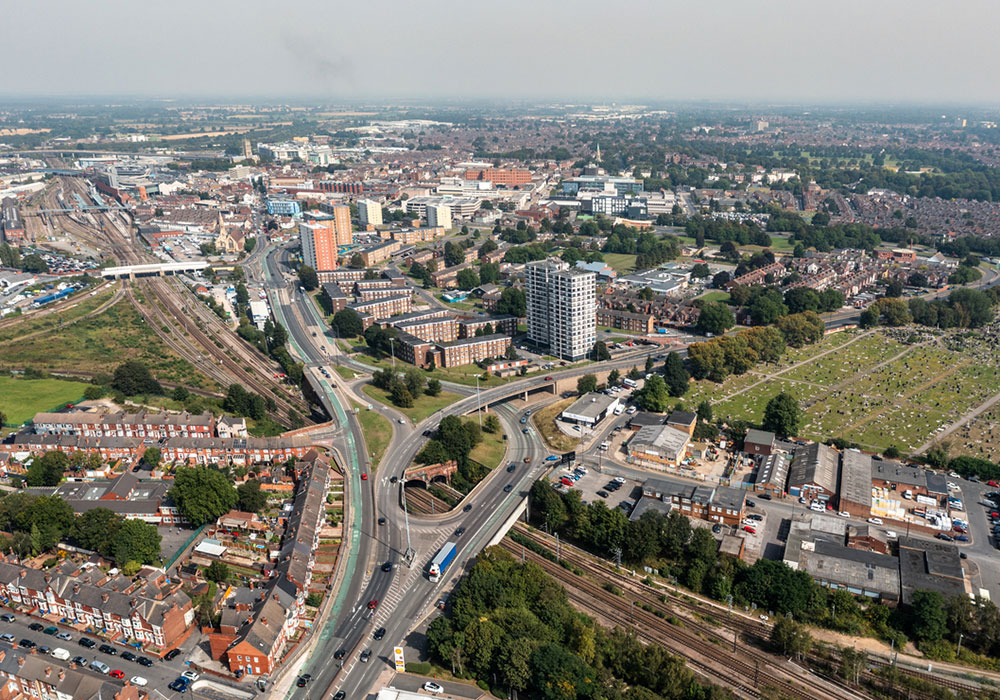 Aerial view of Doncaster town centre showing the local community and surrounding area